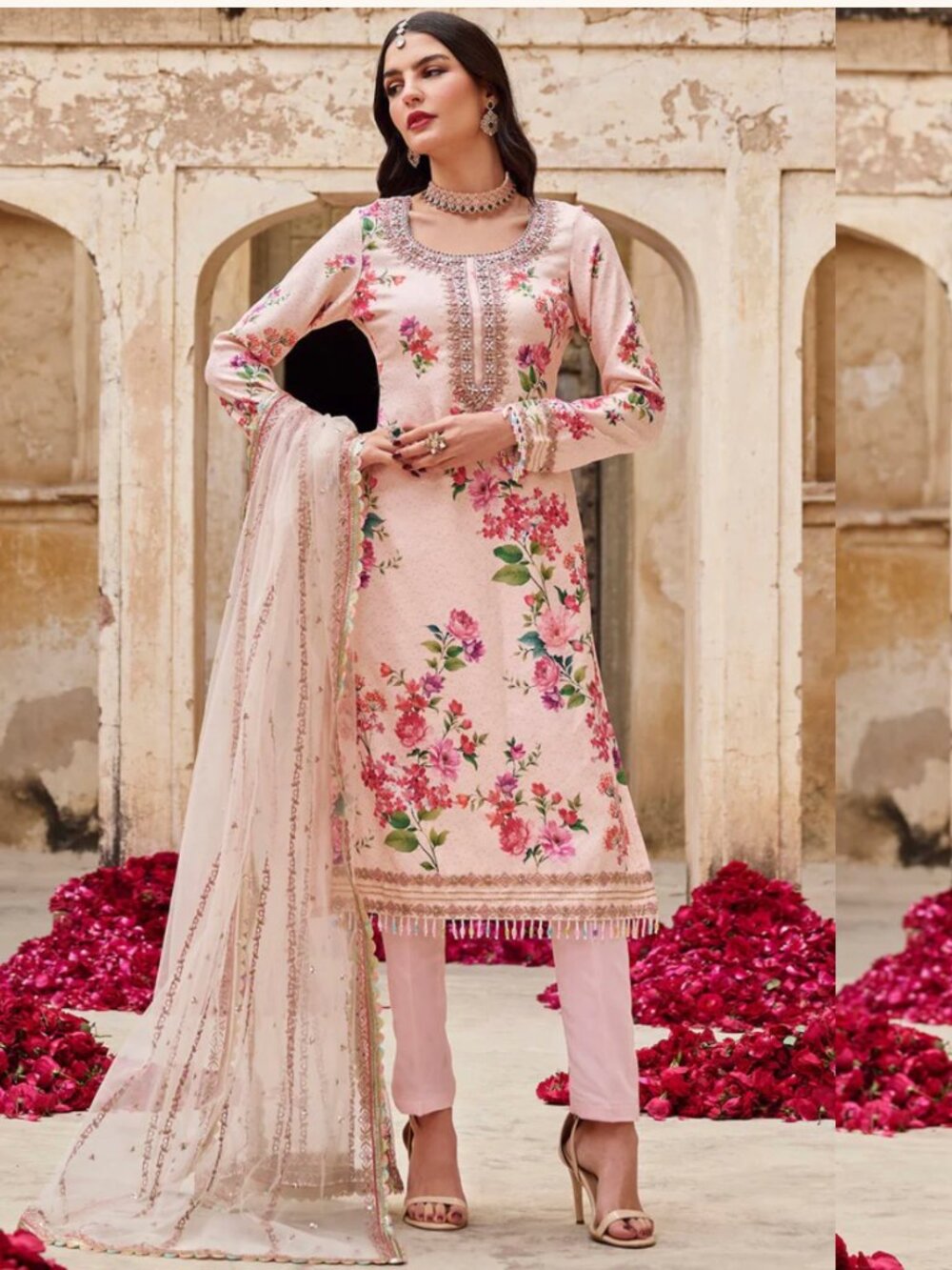 Indian Clothes Lashkaraa - Soft Pink Floral Crepe Straight Suit